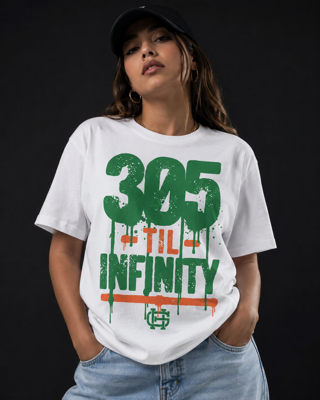 Model wearing the white 305 Til Infinity tee