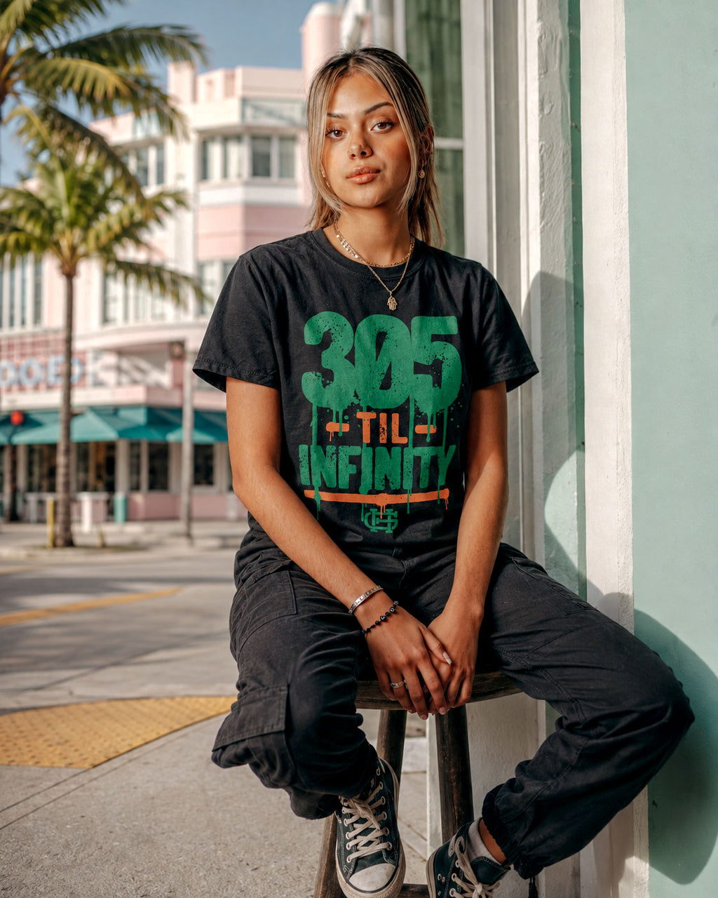 305 Til Infinity Tee, Black, on model