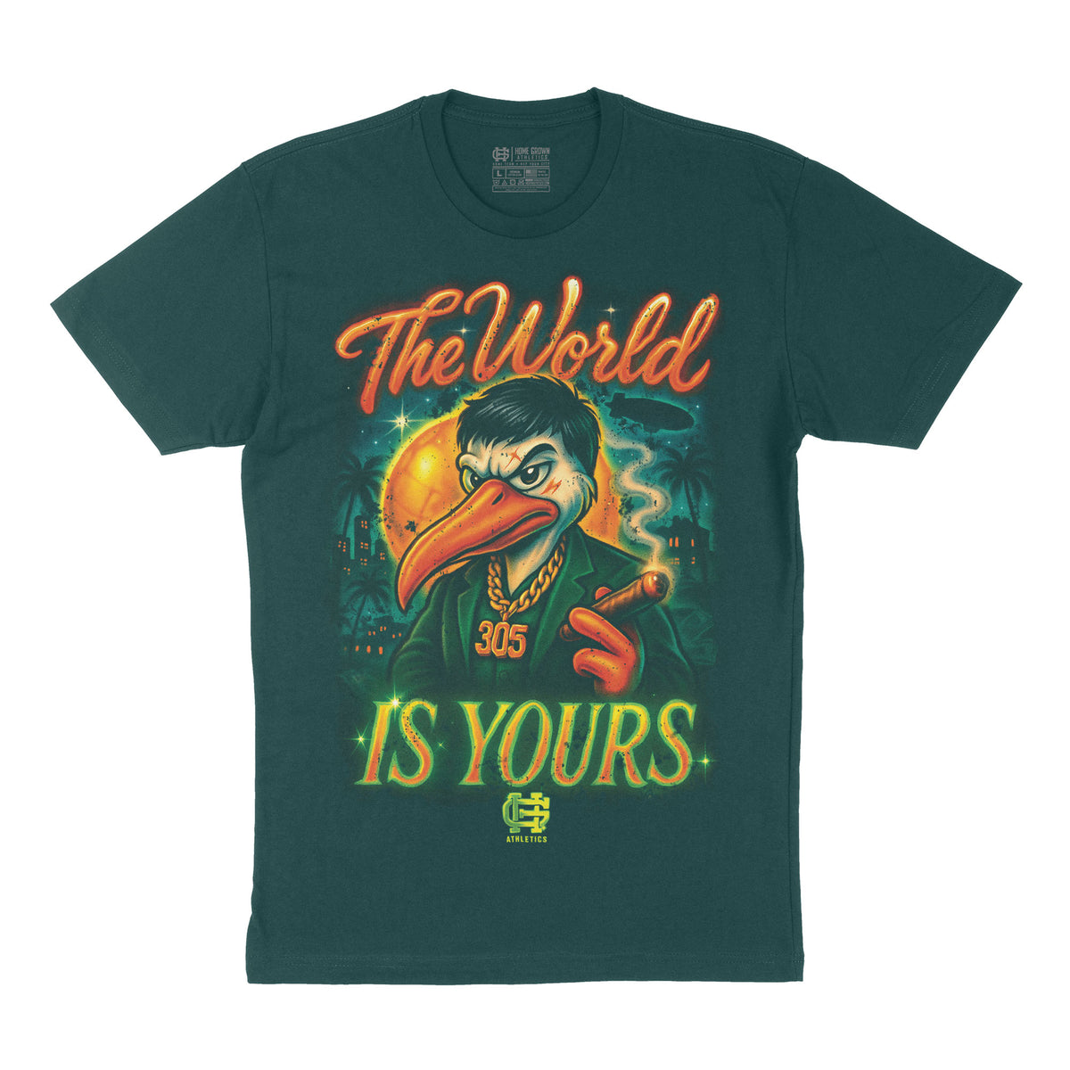 Scarbird Tee, Forest Green by HG Athletics, front artwork on white background