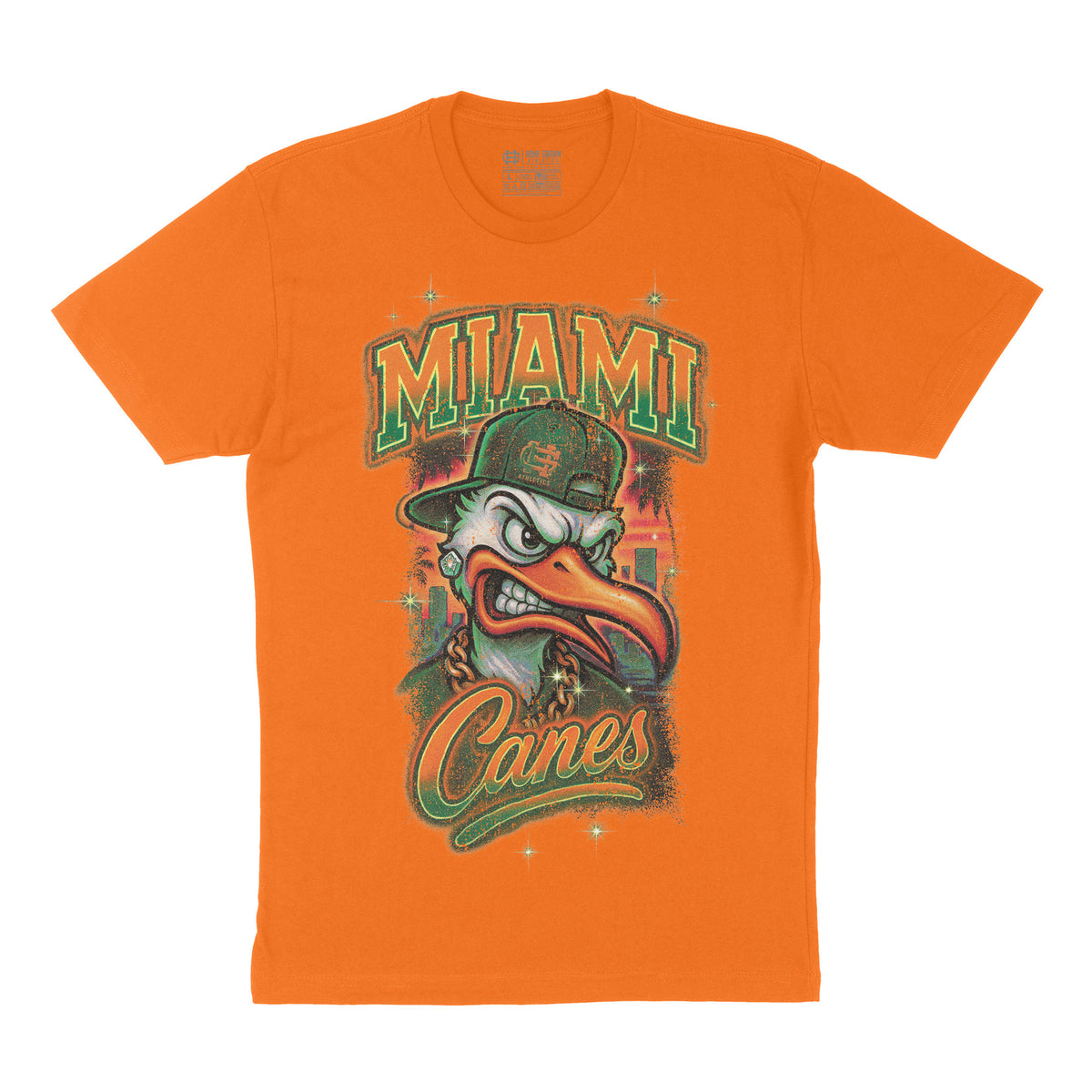 Miami Canes Tee, Orange by HG Athletics, front artwork on white background