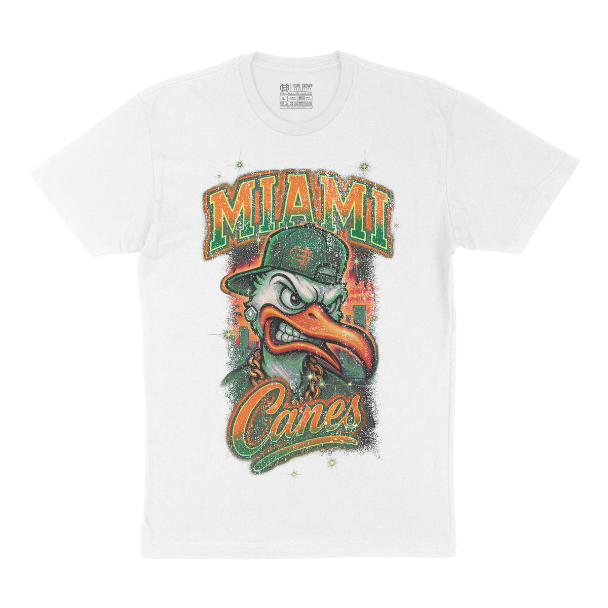 Miami Canes Tee, White by HG Athletics, front artwork on white background