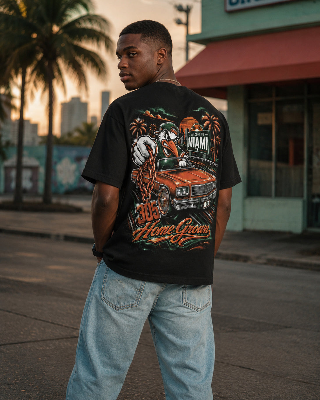 HG Athletics model wearing a Miami graphic tee in the city