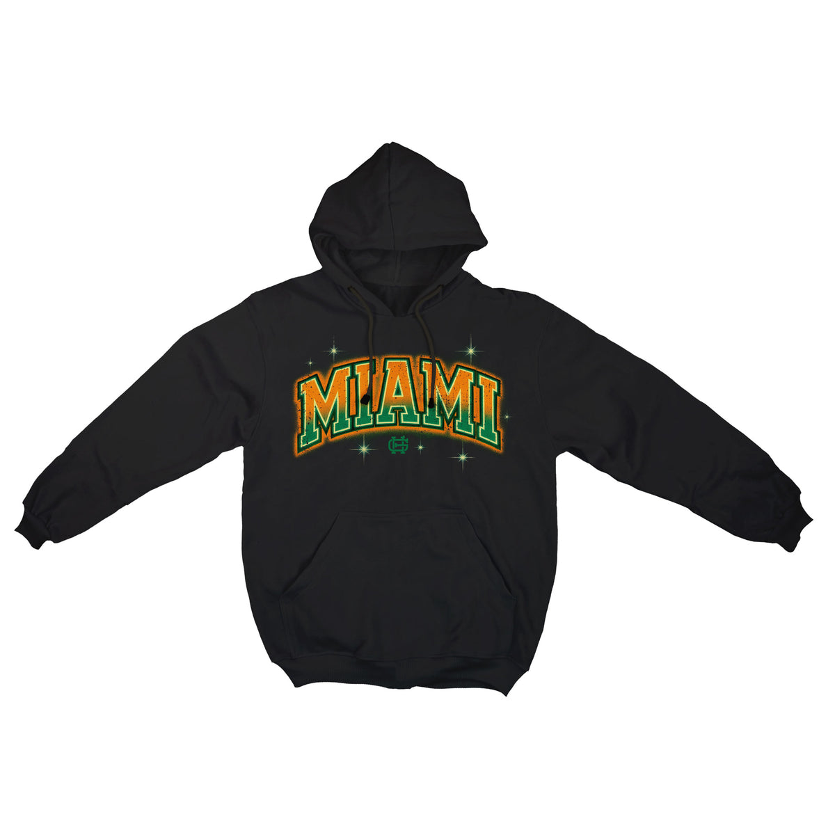 Miami fleece hoodie in black with orange and green artwork, front mockup