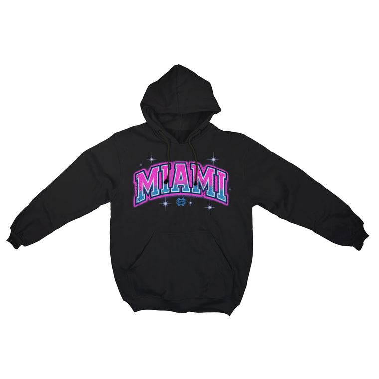 Miami fleece hoodie in black with pink and teal Vice artwork, front mockup
