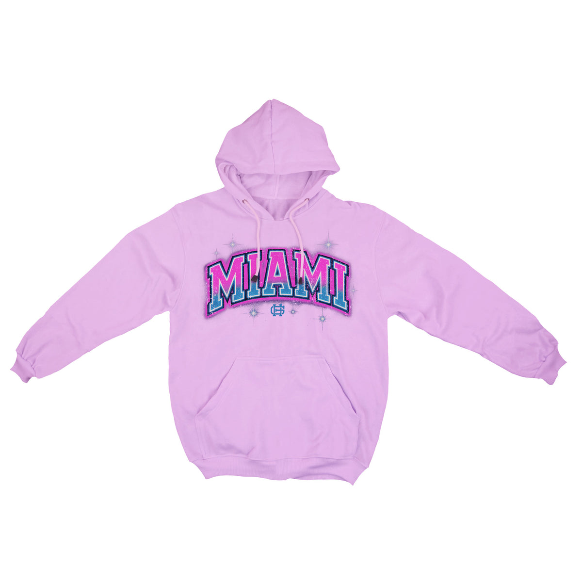 Miami fleece hoodie in pink with pink and teal Vice artwork, front mockup