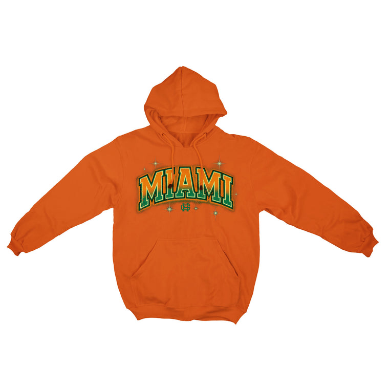 Miami fleece hoodie in orange with orange and green artwork, front mockup