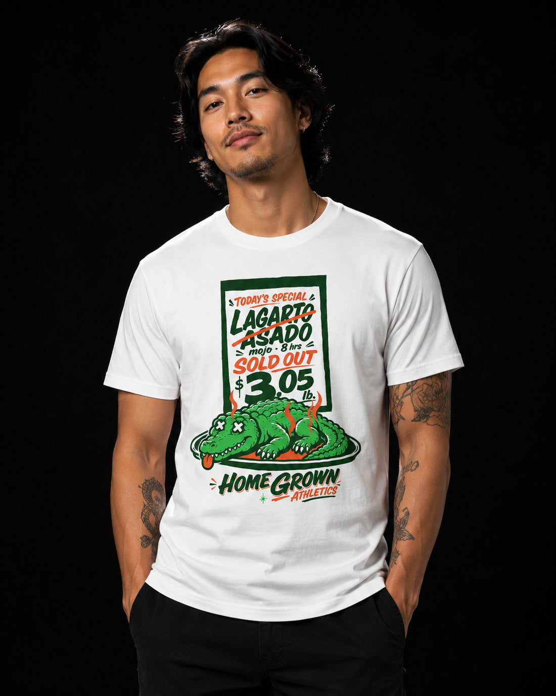 Model wearing the white Lagarto Asado tee