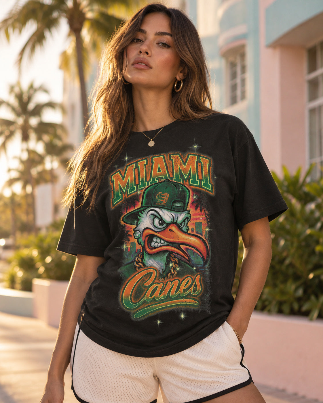 Model wearing the black Miami Canes Tee on a Miami street