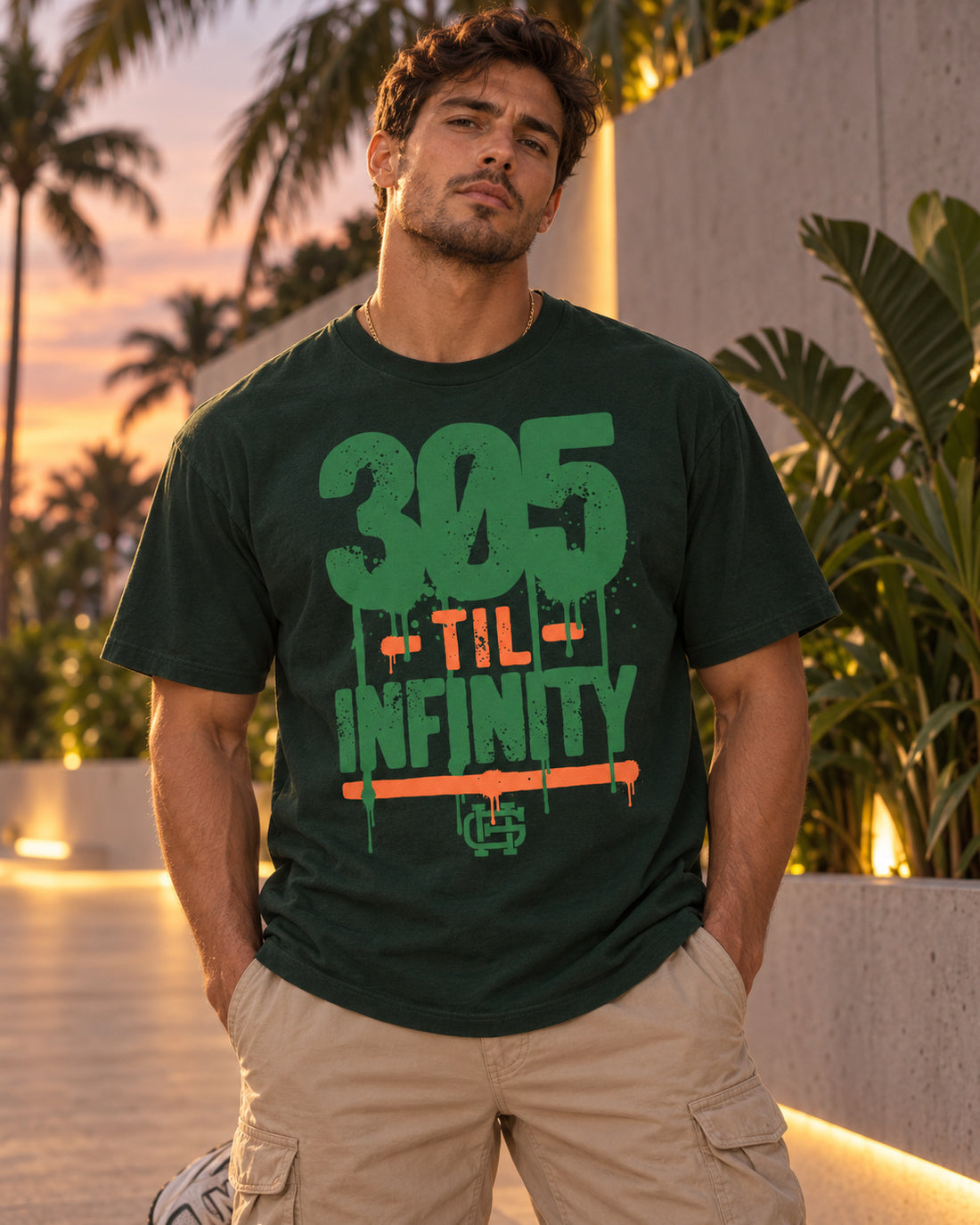 305 Til Infinity Tee in forest green, Miami sunset lookbook